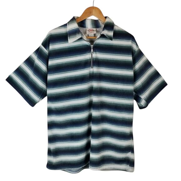 Bugle Boy Men's Velour Striped 1/4 Zip Polo Shirt Blue Green Size Large - Picture 1 of 5